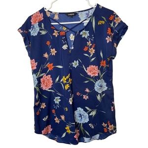 Express Navy Blue Floral V-Neck Strappy Keyhole Blouse Womens Small